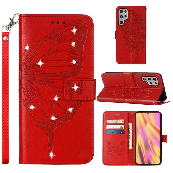 SaniMore Case for Samsung Galaxy S23 Ultra (6.1" 2023), PU Leather Luxury Embossed Butterfly Glitter Diamond [Wrist Strap & Card Slots & Flip Kickstand] Full-body Shockproof Wallet Cover, Red