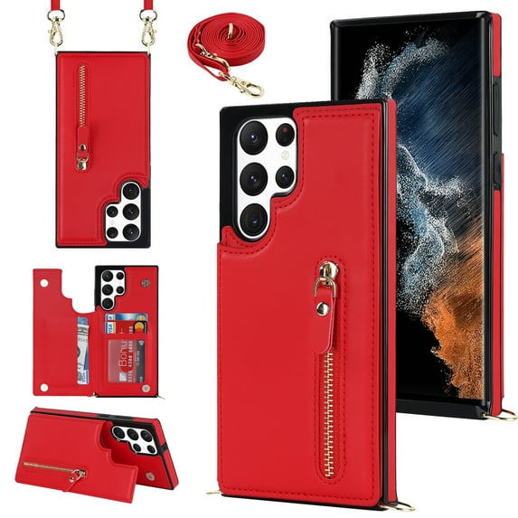 SaniMore Case for Samsung Galaxy S23 Ultra 6.8" 2023 with Card Slots, PU Leather Zipper Wallet Crossbody Lanyard Flip Kickstand Full-body Protective Retro Shockproof Cover for Girls Women, Red