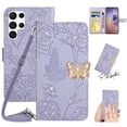 thumbnail image 1 of SaniMore Case for Samsung Galaxy S23 Ultra 6.8" 2023, [Crossbody/Wrist Lanyard] PU Leather Embossed Butterfly [Diamond Clasp] Card Slots Kickstand Shockproof Glitter Wallet Shell, Lightpurple, 1 of 12
