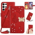 thumbnail image 1 of SaniMore Case for Samsung Galaxy S23 Ultra 6.8" 2023, [Crossbody/Wrist Lanyard] PU Leather Embossed Butterfly [Diamond Clasp] Card Slots Kickstand Shockproof Glitter Wallet Shell, Red, 1 of 12