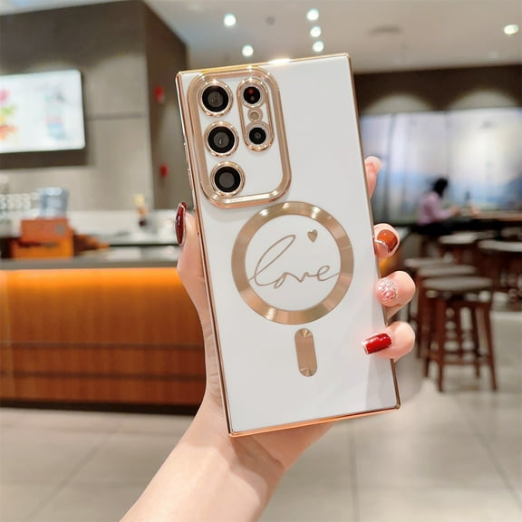 SaniMore Case for Samsung Galaxy S23 Ultra 6.8" 2023, Cute Luxury Love Heart Plating Bumper Shockproof TPU Thin Magnetic Shell Wireless Charging Lens Film Anti-drop All-inclusive Shell, White