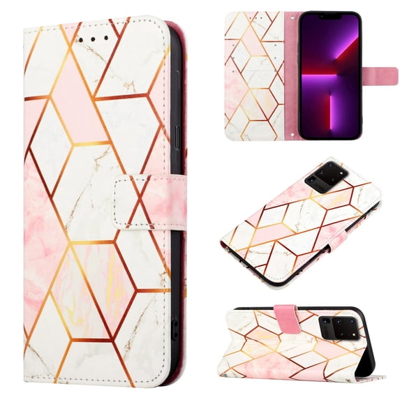 SaniMore Case for Samsung Galaxy S23 Ultra 6.8" 2023, PU Leather Case Luxury Marble Pattern Flip Kickstand Magnetic Clasp Cash Pocket Crossbody Lanyard Fashion Case for Girls Women, Pink/White