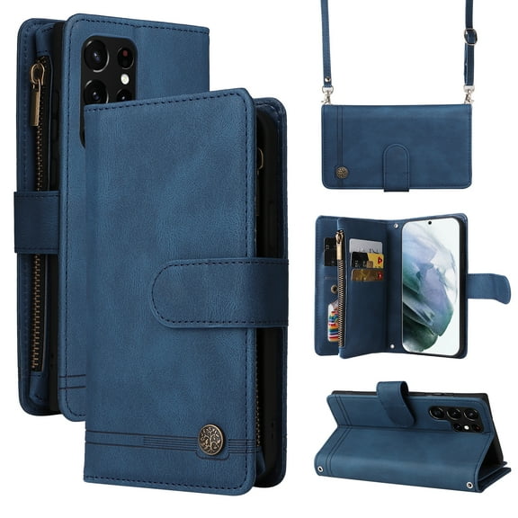SaniMore Case for Samsung Galaxy S23 Ultra 6.8" 2023, PU Leather Zipper Wallet Cover [RFID Blocking] Card Slot Magnetic Clsap Flip Folio Wrist/Crossbody Strap Kickstand Full Protective Cover, Blue