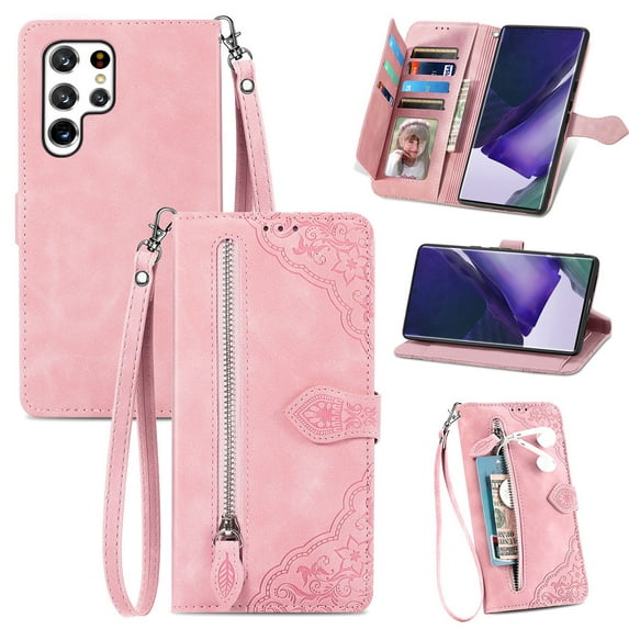 SaniMore Case for Samsung Galaxy S23 Ultra 6.8" 2023, PU Leather Zipper Wallet Detachable Lanyard Retro Embossed Flower Crad Slots Flip Kickstand Full Body Protective Drop-proof Case, Pink