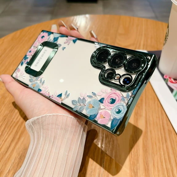 SaniMore Case for Samsung Galaxy S23 Ultra (6.8" 2023), Painted Flowers Backplane Luxurry Stylish for Girls Women with Lens Cover Magnetic [Wireless Charging] Full Protective Cover - Green