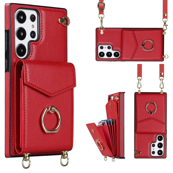 SaniMore Case for Samsung Galaxy S23 Ultra 6.8" 2023, RFID Blocking Card Slots Wrist Strap Wear-resistant PU Leather Skin 360 Degree Rotating Ring Shockproof Anti-drop TPU Shell for Girls Women, Red
