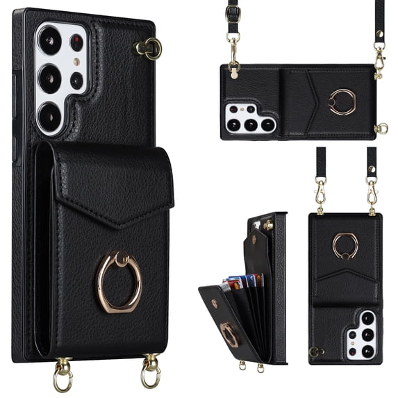 SaniMore Case for Samsung Galaxy S23 Ultra 6.8" 2023, RFID Blocking Card Slots Wrist Strap Wear-resistant PU Leather Skin 360 Degree Rotating Ring Shockproof Anti-drop TPU Shell for Girls Women, Black