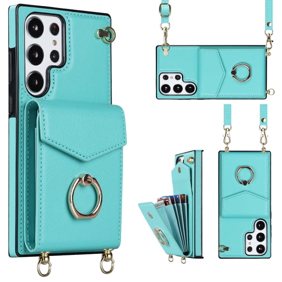 SaniMore Case for Samsung Galaxy S23 Ultra 6.8" 2023, RFID Blocking Card Slots Wrist Strap Wear-resistant PU Leather Skin 360 Degree Rotating Ring Shockproof Anti-drop TPU Shell for Girls Women, Mint