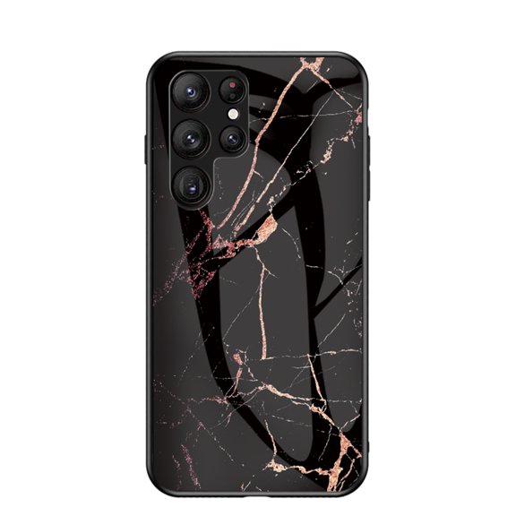 SaniMore Case for Samsung Galaxy S23 Ultra 6.8" 2023, Transparent Glass & TPU Bumpers 3-Layer Shock Absorbing Lightweight Marble Glass Full Body Protective Shell for Samsung S23 Ultra, Gold+Black