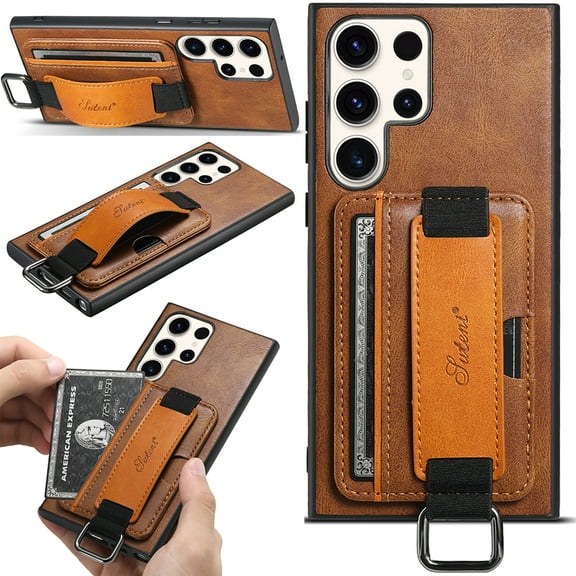 SaniMore Case for Samsung Galaxy S23 Ultra 6.8" 2023, Wristlet & Card Slot PU Leather Skin Wear-resistant Shockproof Anti-drop Metal Ring Business Shell for Samsung Galaxy S23 Ultra 6.8" 2023, Brown