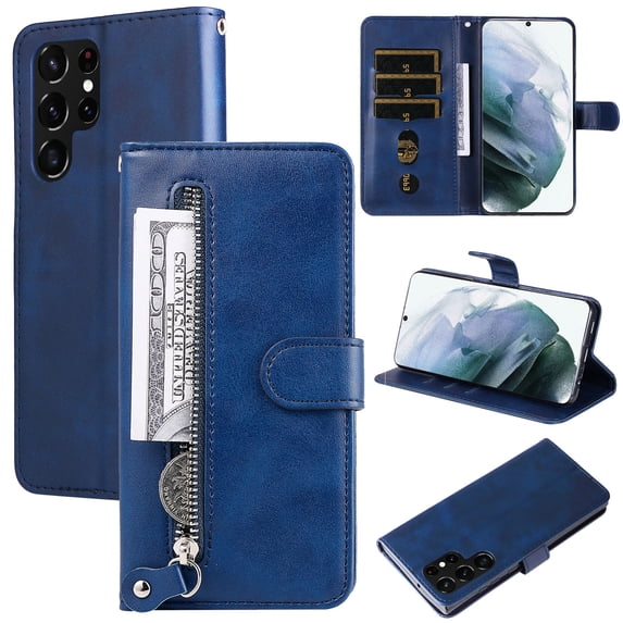 SaniMore Case for Samsung Galaxy S23 Ultra 6.8" 2023, Zipper Wallet Pocket Caed Slots Retro PU Leather Shockproof Drop-proof Flip Kickstand All-around Protective Shell for Galaxy S23 Ultra, Blue