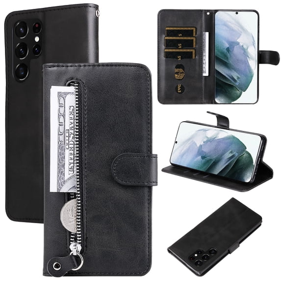 SaniMore Case for Samsung Galaxy S23 Ultra 6.8" 2023, Zipper Wallet Pocket Caed Slots Retro PU Leather Shockproof Drop-proof Flip Kickstand All-around Protective Shell for Galaxy S23 Ultra, Black