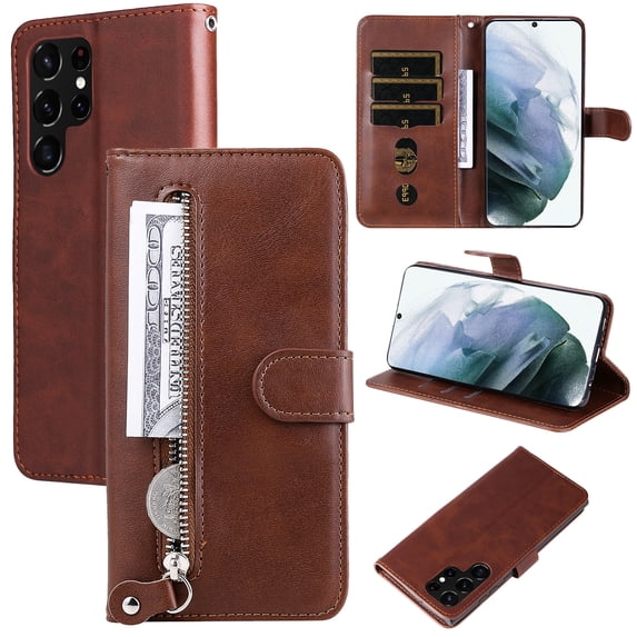 SaniMore Case for Samsung Galaxy S23 Ultra 6.8" 2023, Zipper Wallet Pocket Caed Slots Retro PU Leather Shockproof Drop-proof Flip Kickstand All-around Protective Shell for Galaxy S23 Ultra, Brown