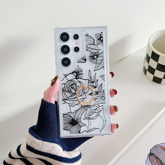 SaniMore Case for Samsung Galaxy S23 Ultra, Fashion Flower Backplane Transparent Anti-yellow for Girls Women Rotating Bracket Ring Slim Fit Lightweight Shockproof Anti-fall Shell, C-Black Flower