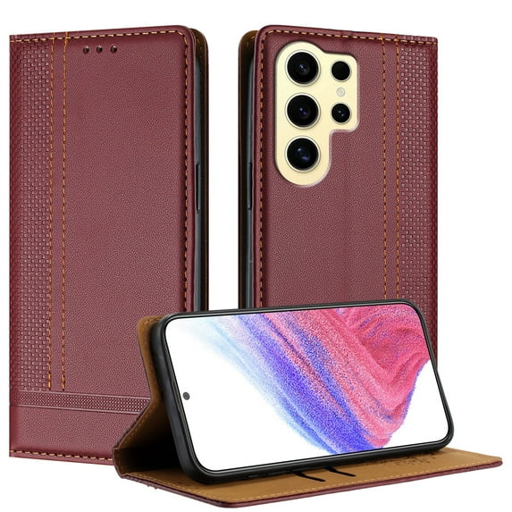 SaniMore Case for Samsung Galaxy S23 Ultra, Wear-resistant PU Leather Retro Durable TPU Shell Flip Folio Stand, Full Body Protection Magnetic Clasp Business Shell, Winered