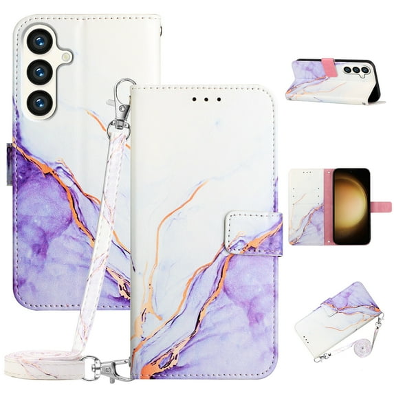 SaniMore Case for Samsung Galaxy S24 2024, PU Leather Case Luxury Marble Pattern Flip Kickstand Magnetic Clasp Cash Pocket Crossbody Lanyard Fashion Case for Girls Women For Galaxy S24, Purple/White