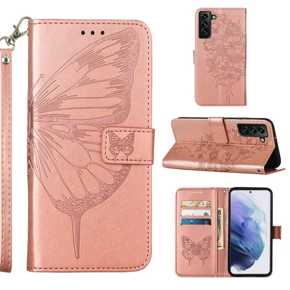 SaniMore Case for Samsung Galaxy S24 (6.1" 2024), PU Leather Skin with Luxury Embossed Butterfly [Wrist Strap & Card Slots & Flip Kickstand] ull-body Shockproof Business Wallet Cover, Rosegold