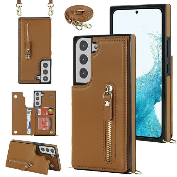 SaniMore Case for Samsung Galaxy S24 6.2" 2024 with Card Slots, PU Leather Zipper Wallet Crossbody Lanyard Flip Kickstand Full-body Protective Retro Shockproof Cover for Girls Women, Brown