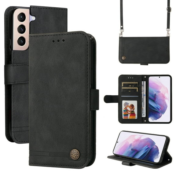 SaniMore Case for Samsung Galaxy S24 6.2" 2024, Wrist/Crossbody Strap,Retro PU Leather Anti-scratch Card Slots Cash Pocket Kickstand Shockproof Anti-drop Wallet Business Cover, Black