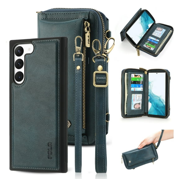 SaniMore Case for Samsung Galaxy S24, [Crossbody Lanyard & Wrist Strap] 2 in 1 Zipper Wallet Case [Detachable] Card Holders Cash Pocket] Shockproof Anti-fall Cover, Blue