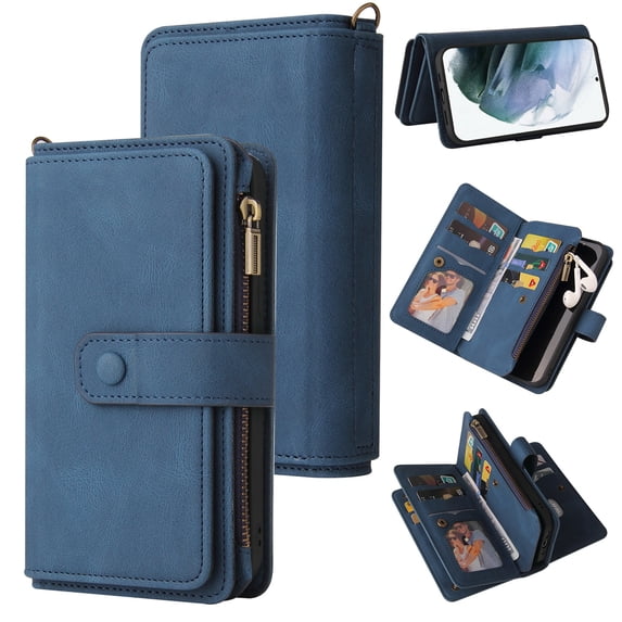 SaniMore Case for Samsung Galaxy S24 , PU Leather Case Zipper Wallet + Card Holder + Detachable Wrist Strap Kickstand Magnetic Clasp 360°Protective Shockproof Business Cover for S24, Blue