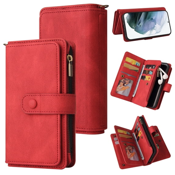 SaniMore Case for Samsung Galaxy S24 , PU Leather Case Zipper Wallet + Card Holder + Detachable Wrist Strap Kickstand Magnetic Clasp 360°Protective Shockproof Business Cover for S24, Red
