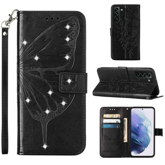 SaniMore Case for Samsung Galaxy S24, PU Leather Luxury Embossed Butterfly Glitter Diamond [Wrist Strap & Card Slots & Flip Kickstand] Full-body Shockproof Wallet Cover For S24, Black