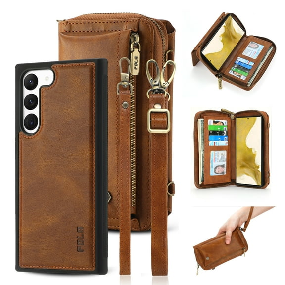 SaniMore Case for Samsung Galaxy S24 Plus, [Crossbody Lanyard & Wrist Strap] 2 in 1 Zipper Wallet Case [Detachable] Card Holders Cash Pocket] Shockproof Anti-fall Cover, Brown