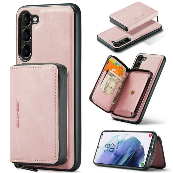 SaniMore Case for Samsung Galaxy S24 Plus, PU Leather Case Detachable Magnetic Zipper Wallet Card Slots Kickstand Wireless Charging Anti-drop Shockproof 360°Protection Case For Galaxy S24 Plus, Pink