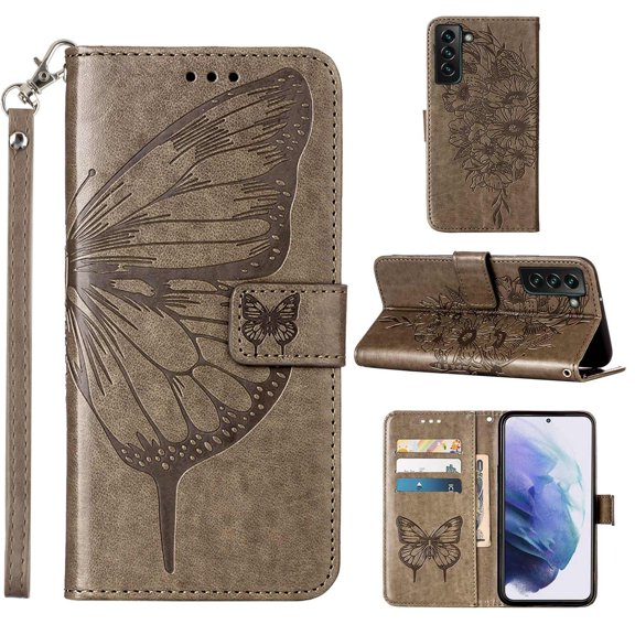 SaniMore Case for Samsung Galaxy S24 Plus, PU Leather Skin with Luxury Embossed Butterfly [Wrist Strap & Card Slots & Flip Kickstand] ull-body Shockproof Business Wallet Cover, Gray