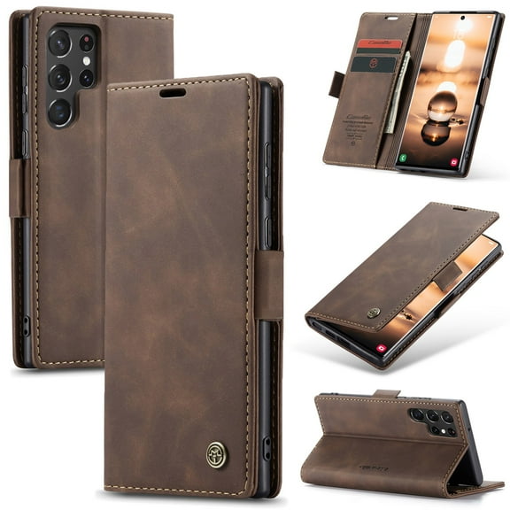 SaniMore Case for Samsung Galaxy S24 Ultra 6.6" 2024, Premium PU Leather Magnetic Cover Card Slots Cash Pocket Flip Kickstand Shockproof TPU Shell Full Protective Business Case For S24 Ultra, Coffee