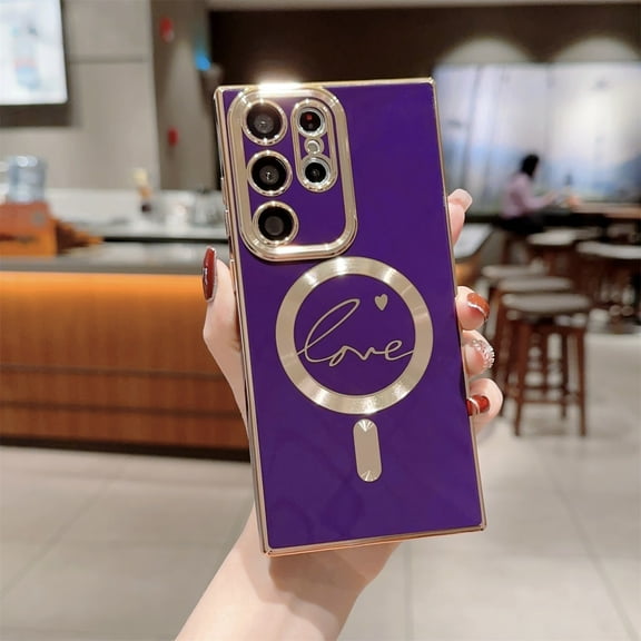 SaniMore Case for Samsung Galaxy S24 Ultra 6.8" 2024, Cute Luxury Love Heart Plating Bumper Shockproof TPU Thin Magnetic Shell Wireless Charging Lens Film Anti-drop All-inclusive Shell, Darkpurple