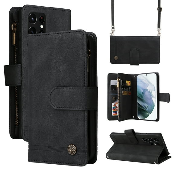 SaniMore Case for Samsung Galaxy S24 Ultra 6.8" 2024, PU Leather Zipper Wallet Cover [RFID Blocking] Card Slot Magnetic Clsap Flip Folio Wrist/Crossbody Strap Kickstand Full Protective Cover, Black