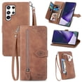 thumbnail image 1 of SaniMore Case for Samsung Galaxy S24 Ultra 6.8" 2024, PU Leather Zipper Wallet Detachable Lanyard Retro Embossed Flower Crad Slots Flip Kickstand Full Body Protective Drop-proof Case, Brown, 1 of 6