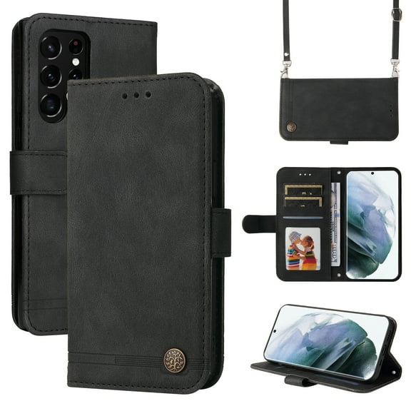 SaniMore Case for Samsung Galaxy S24 Ultra 6.8" 2024, Wrist/Crossbody Strap,Retro PU Leather Anti-scratch Card Slots Cash Pocket Kickstand Shockproof Anti-drop Wallet Business Cover, Black