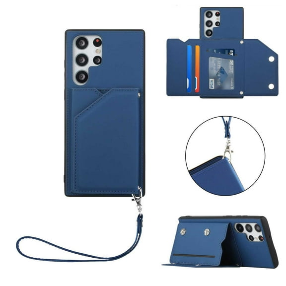 SaniMore Case for Samsung Galaxy S24 Ultra with Detachable Wrist Strap, [Flip Wallet & Card Slots & Flip Kickstand] PU Leather Wear-resistant Shockproof Anti-fall Luxury Cover, Blue