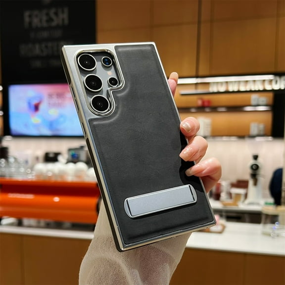 SaniMore Case for Samsung Galaxy S24 Ultra, Electroplated Bumper PU Leather Hidden Bracket Stand Shell Slim/Lightweight Anti-scratch/Anti-fall Durable for Samsung Galaxy S24 Ultra(6.8" 2024), Black