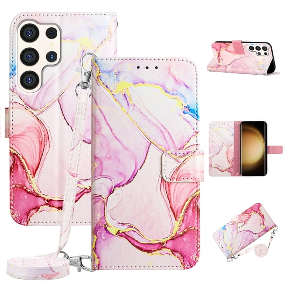 SaniMore Case for Samsung Galaxy S24 Ultra, PU Leather Case Luxury Marble Pattern Flip Kickstand Magnetic Clasp Cash Pocket Crossbody Lanyard Fashion Case for Girls Women, Rosegold