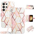 thumbnail image 1 of SaniMore Case for Samsung Galaxy S24 Ultra, PU Leather Case Luxury Marble Pattern Flip Kickstand Magnetic Clasp Cash Pocket Crossbody Lanyard Fashion Case for Girls Women, Pink/White, 1 of 10