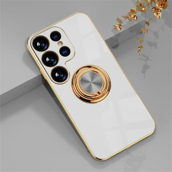 SaniMore Case for Samsung Galaxy S24 Ultra, Shockproof TPU Backplane Eletric Plating Border 360 Degree Rotating Holder Stand Feature Magnetic Car Mount Anti-drop Heavy Duty ProtectIve Cover, White