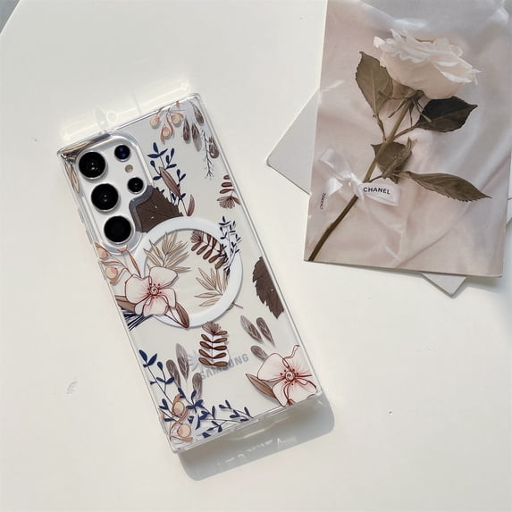 SaniMore Case for Samsung Galaxy S24 Ultra, Soft Shockproof TPU Flower Luxury Magnetic Shell Lens All-inclusive Wireless Charging Slim Lightweight Anti-yellow Girly Cover, Gray Flower