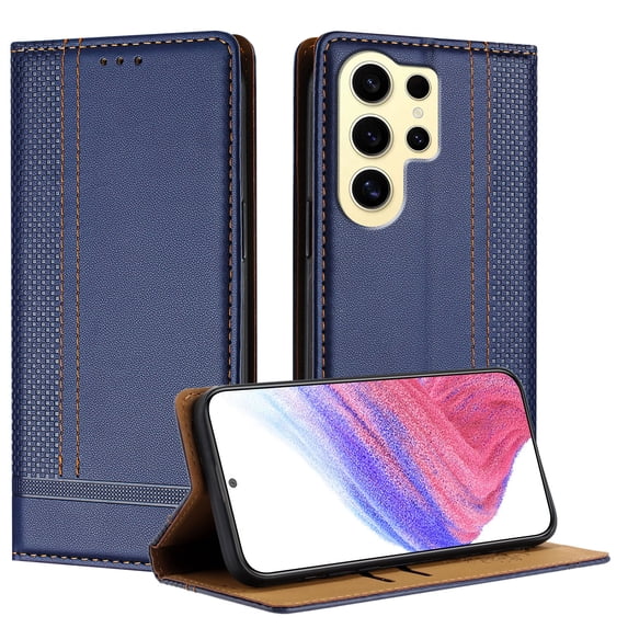 SaniMore Case for Samsung Galaxy S24 Ultra, Wear-resistant PU Leather Retro Durable TPU Shell Flip Folio Stand, Full Body Protection Magnetic Clasp Business Shell, Blue