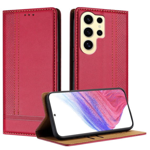 SaniMore Case for Samsung Galaxy S24 Ultra, Wear-resistant PU Leather Retro Durable TPU Shell Flip Folio Stand, Full Body Protection Magnetic Clasp Business Shell, Red