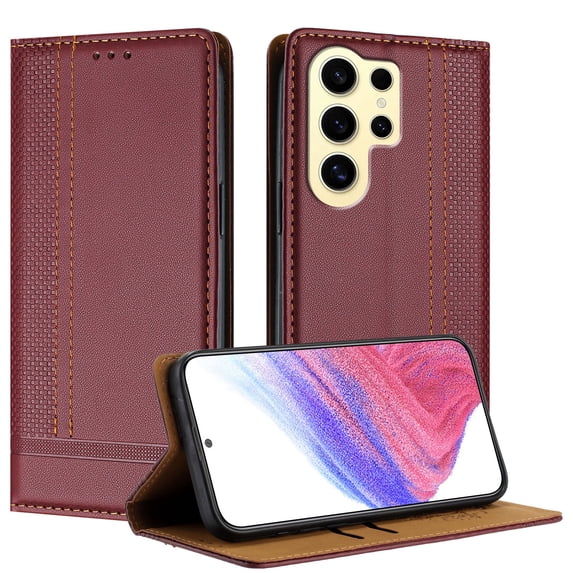 SaniMore Case for Samsung Galaxy S24 Ultra, Wear-resistant PU Leather Retro Durable TPU Shell Flip Folio Stand, Full Body Protection Magnetic Clasp Business Shell, Winered