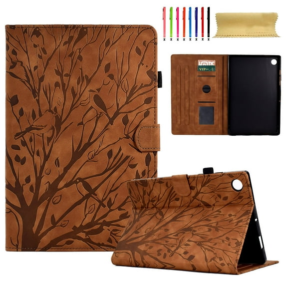 SaniMore Case for Samsung Galaxy Tab A8 Case 10.5" 2022 SM-X200/X205, PU leather Embossed Tree with Auto Sleep/Wake Pen Holder Card Slots Anti-slip Strip Flip Folio Wallet Business Cover, Brown