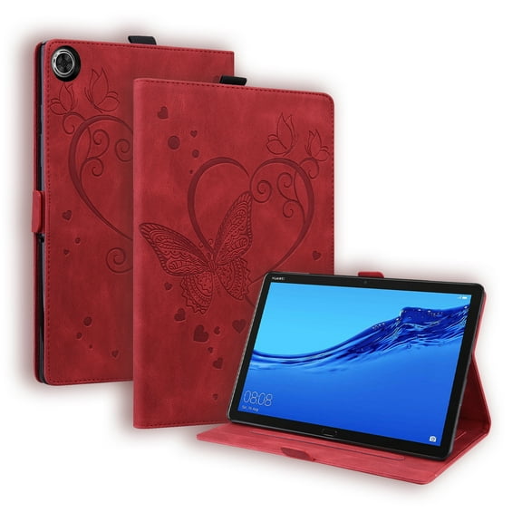 SaniMore Case for Samsung Galaxy Tab A9 Plus 12.4" 2023 SM-X810/X816/X818, PU Leather Embossed Butterfly Shockproof TPU Back Card/Pen Holder Anti-slip Stand Full Protective Fashion Wallet Case, Red