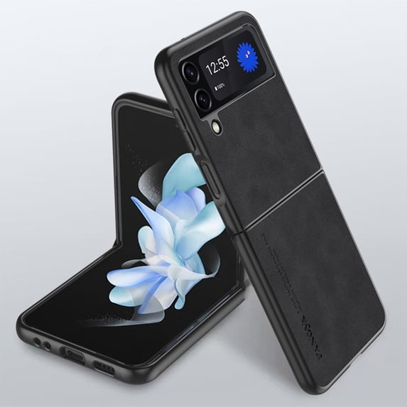 SaniMore Case for Samsung Galaxy Z Flip 4 (2022), Luxury PU Leather Lens Protection Metal Hidden Bracket Slim Lightweight Shockproof Anti-fall Bumper Drop Resistant Shell for Z Flip 4 - Black