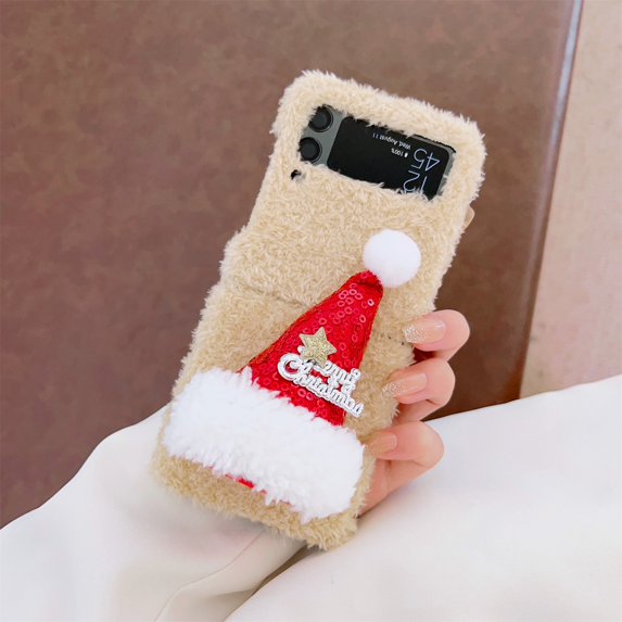 SaniMore Case for Samsung Galaxy Z Flip 4 6.7" 2022 Relaese, Hairy Skin PC Back Lovely 3D Hat Shockproof Anti-drop Fashion Christmas Theme Case for Galaxy Z Flip 4 6.7 inch 2022, Beige