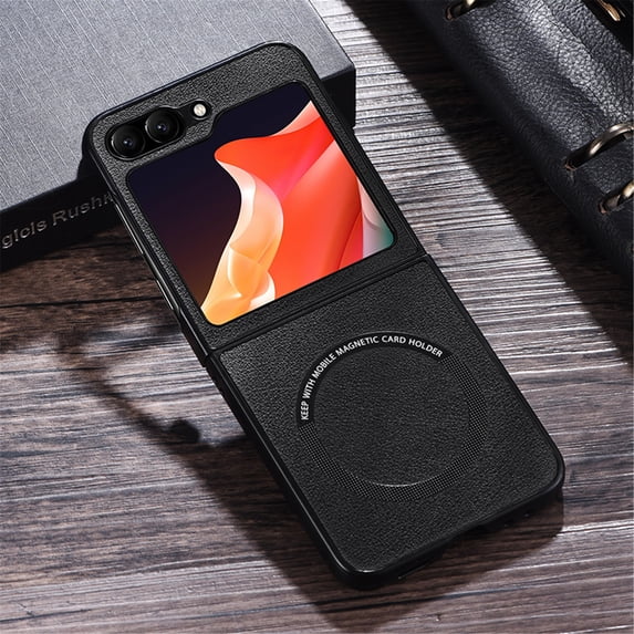 SaniMore Case for Samsung Galaxy Z Flip 5 6.7" 2023 Release, Wear-resistant PU Leather Rugged PC Backplane Wireless Charging Slim Lightweight Anti-drop Shockproof Magnetic Cover, Black
