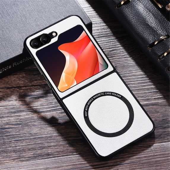 SaniMore Case for Samsung Galaxy Z Flip 5 6.7" 2023 Release, Wear-resistant PU Leather Rugged PC Backplane Wireless Charging Slim Lightweight Anti-drop Shockproof Magnetic Cover, White